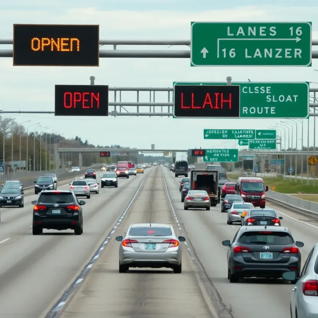 Traffic on the I-96 Flex Route in Novi with electronic traffic signals
