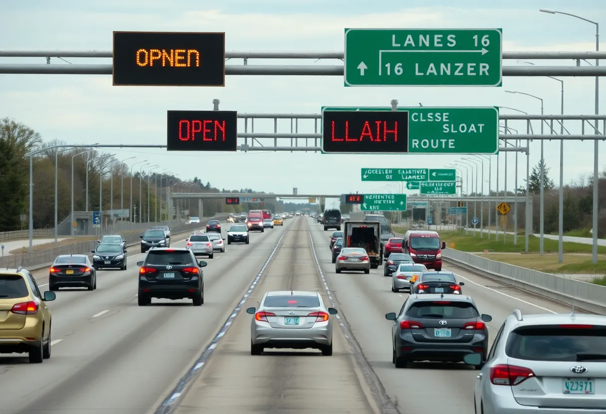 Traffic on the I-96 Flex Route in Novi with electronic traffic signals