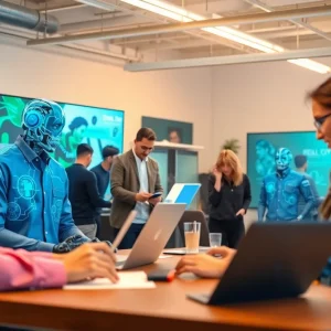 A diverse group collaborating on AI-powered marketing strategies in an innovative workspace.