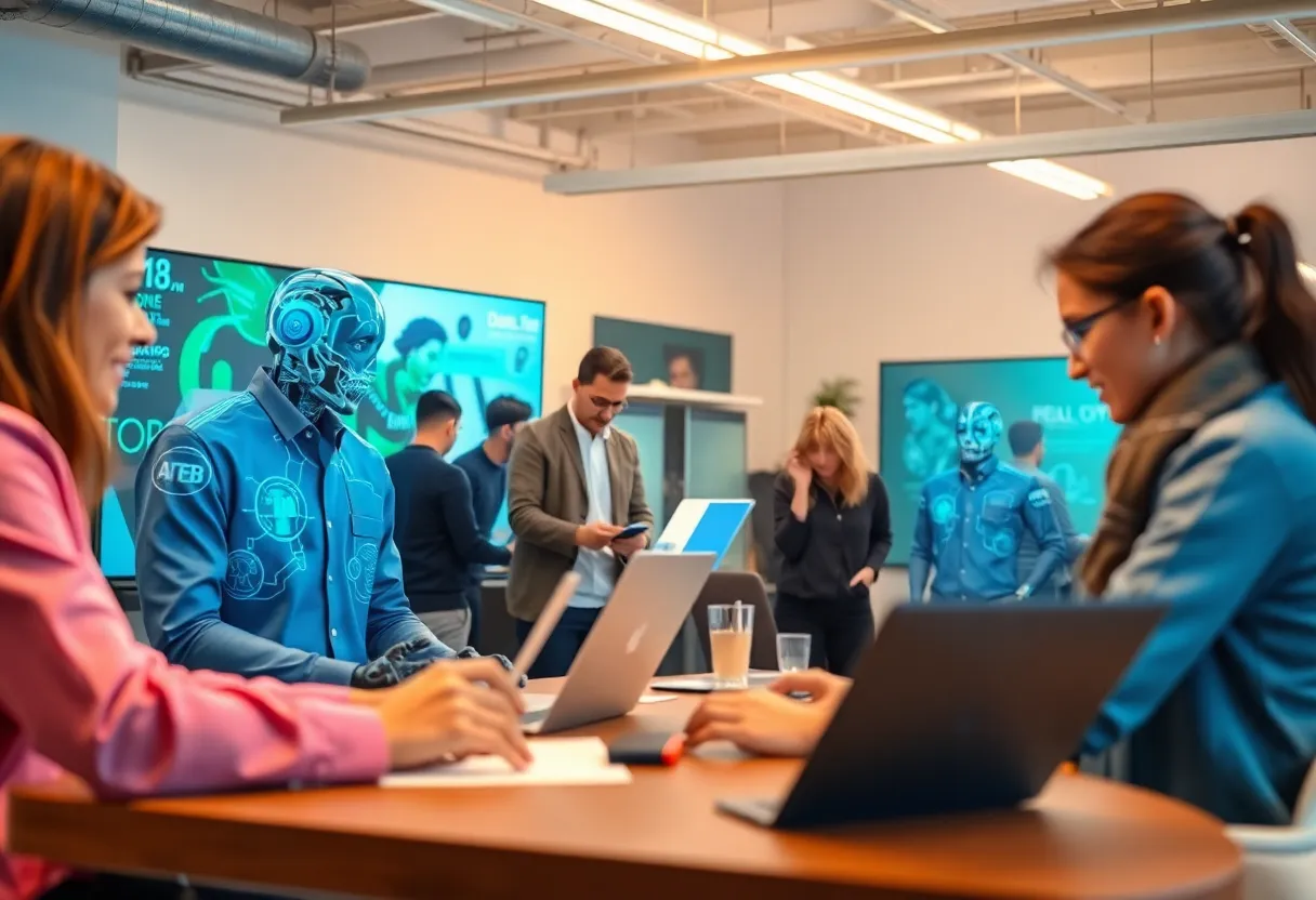 A diverse group collaborating on AI-powered marketing strategies in an innovative workspace.