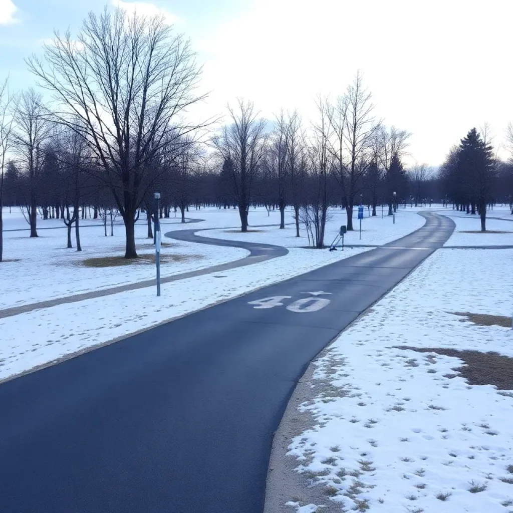 Winter scene of the Patriot Park Veterans Memorial with snow-covered ground and pathways.