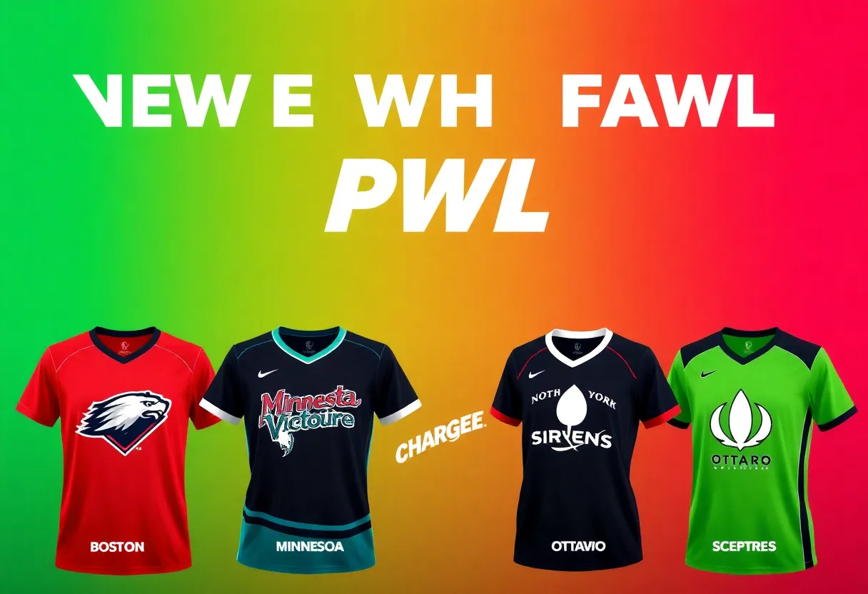 Promotional image of new PWHL team logos and jerseys for the 2024 season.