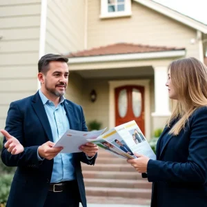 Real estate agent and seller discussing marketing options