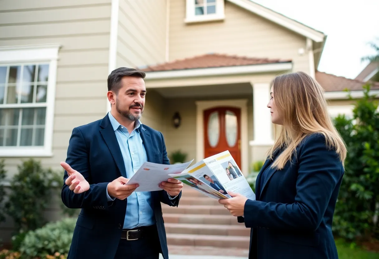 Real estate agent and seller discussing marketing options