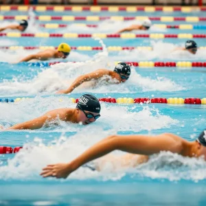 Swimmer racing in a pool, capturing the speed and intensity of competitive swimming.