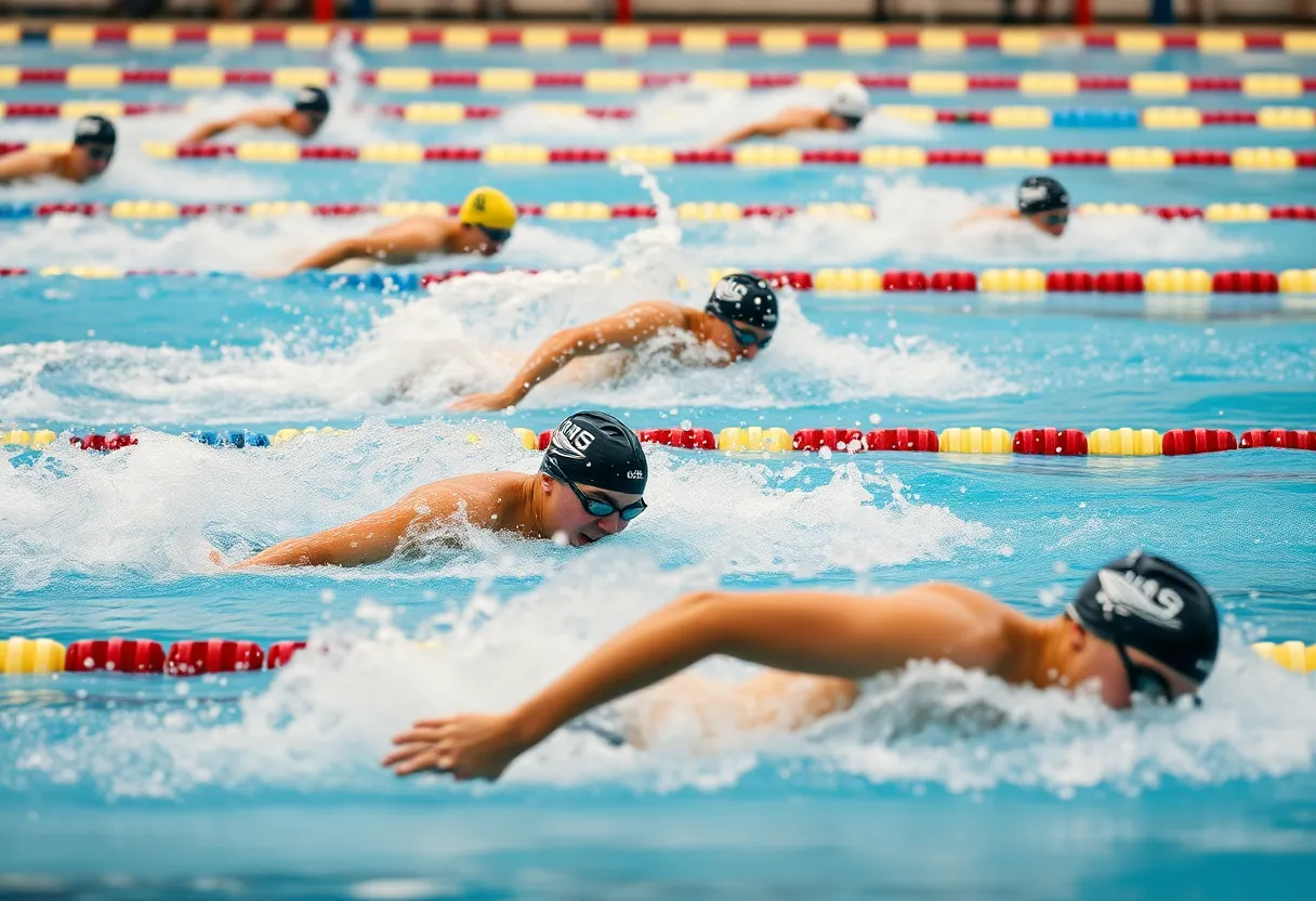 Swimmer racing in a pool, capturing the speed and intensity of competitive swimming.