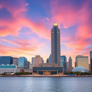 Skyline view of the Renaissance Center in Detroit, showcasing architectural significance.