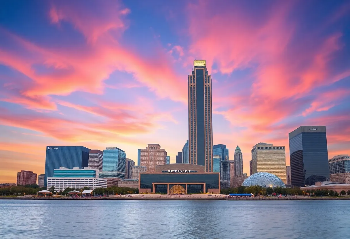 Skyline view of the Renaissance Center in Detroit, showcasing architectural significance.