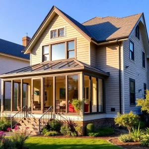 Exterior view of a renovated 1927 home with a garden