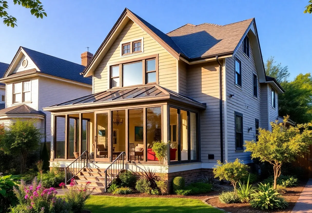 Exterior view of a renovated 1927 home with a garden