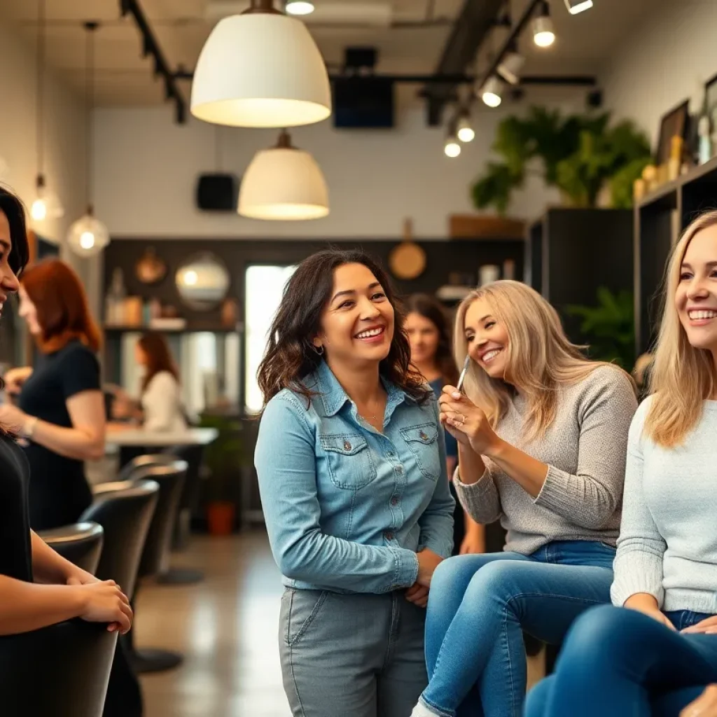 Interior of Salon Head West showcasing stylists and clients in a warm environment.