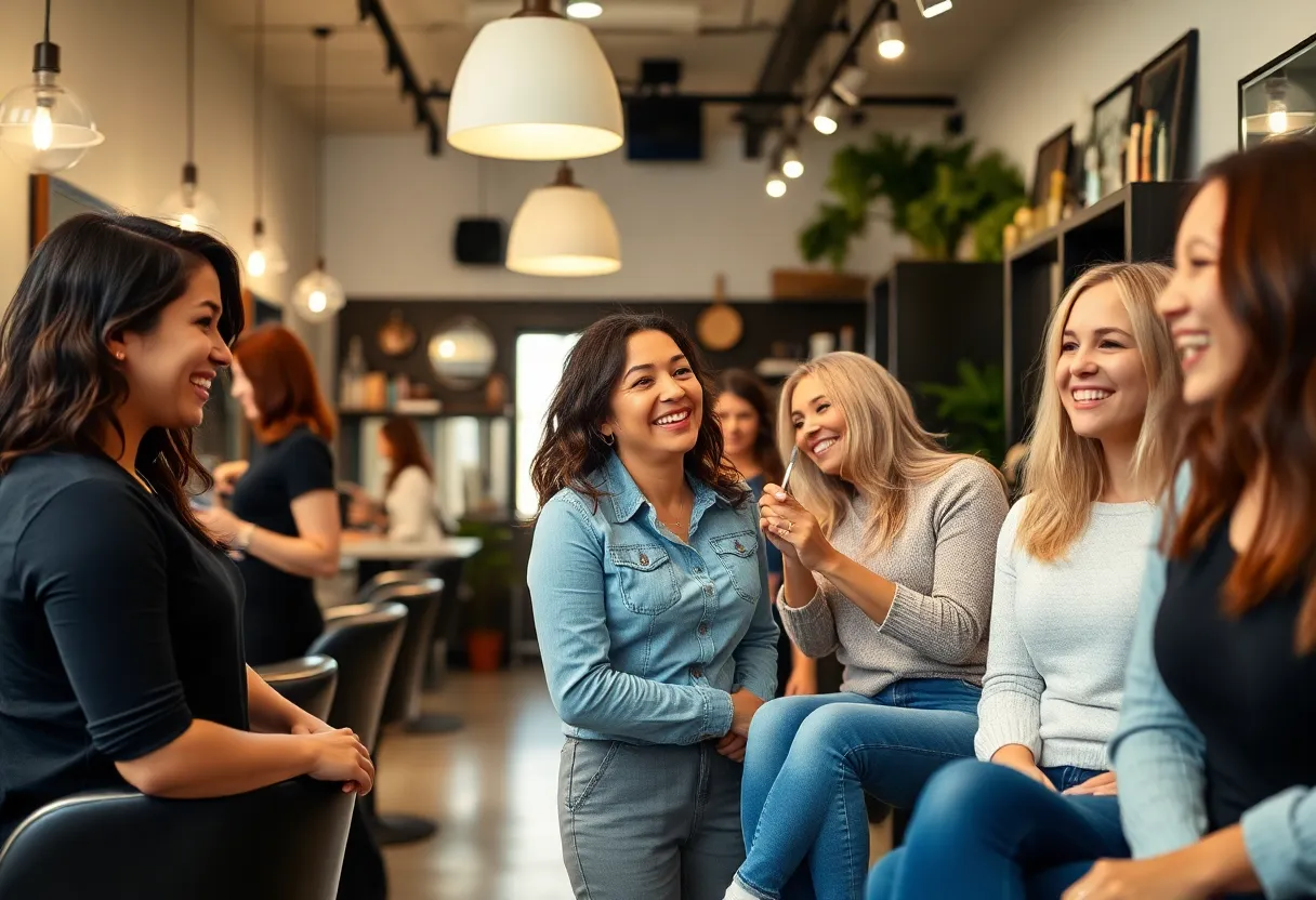 Interior of Salon Head West showcasing stylists and clients in a warm environment.