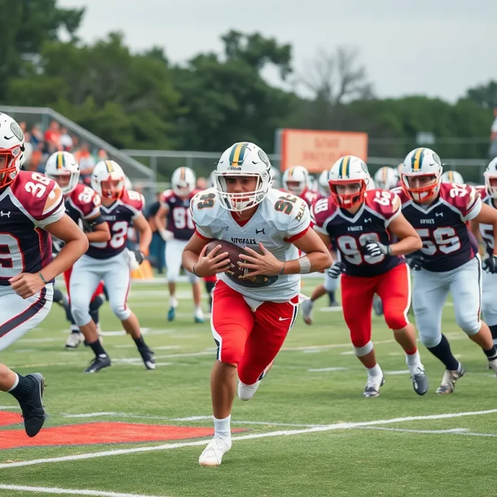 High school football players in action during a game.