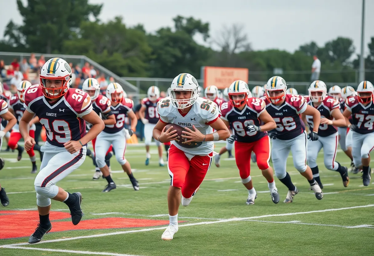 High school football players in action during a game.