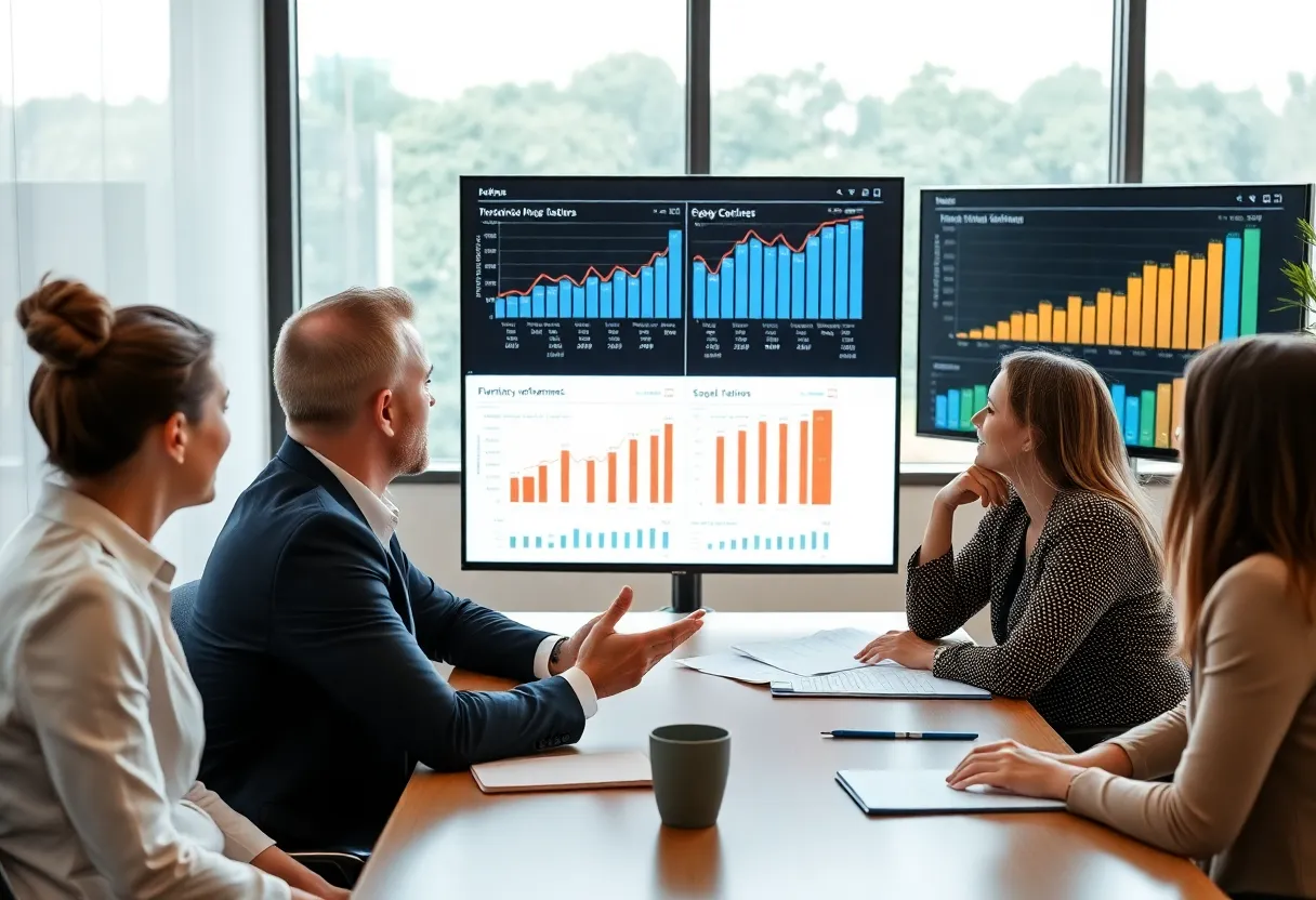 Investment advisors in a meeting discussing SEC performance reporting changes.
