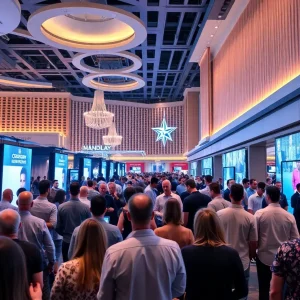 A scene from Shoptalk Spring 2025 featuring attendees at Mandalay Bay discussing retail innovations.