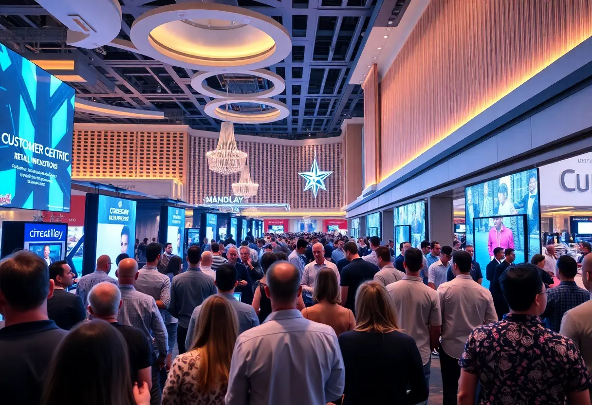 A scene from Shoptalk Spring 2025 featuring attendees at Mandalay Bay discussing retail innovations.