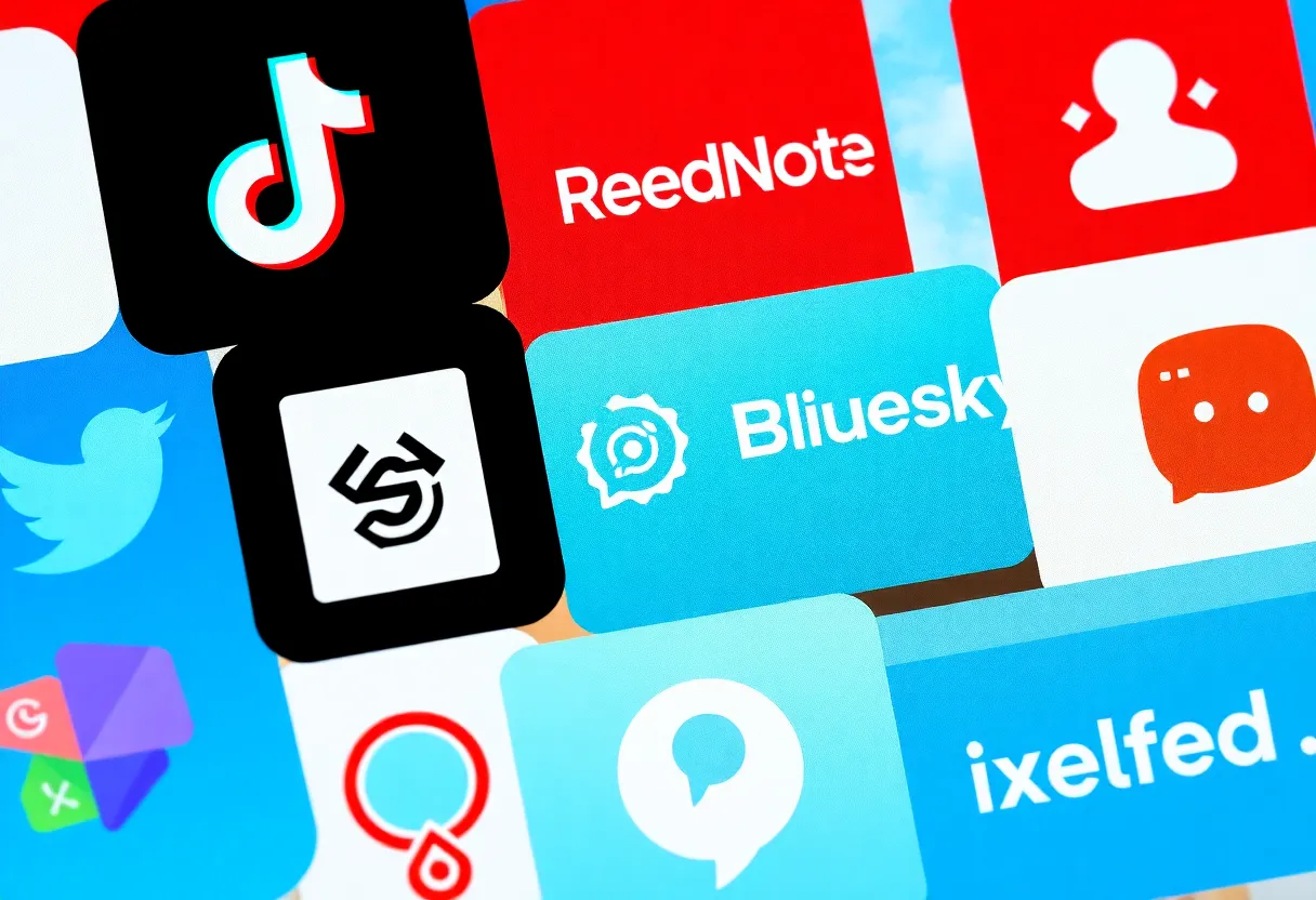 Collage of alternative social media platforms like TikTok, RedNote, and Bluesky.