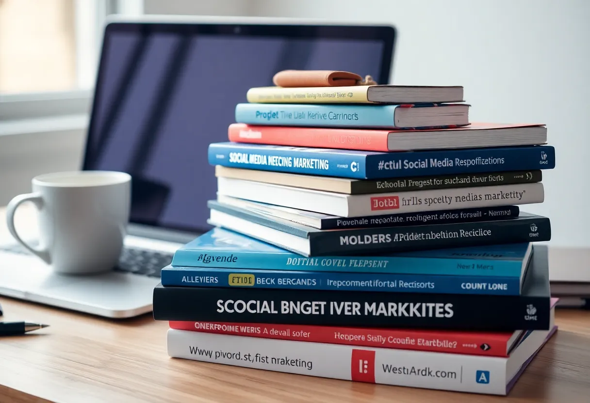 Various social media marketing books on a desk with a laptop.