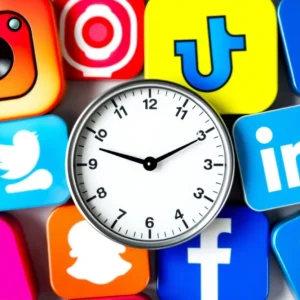 Collage of social media logos with a clock symbolizing posting frequency