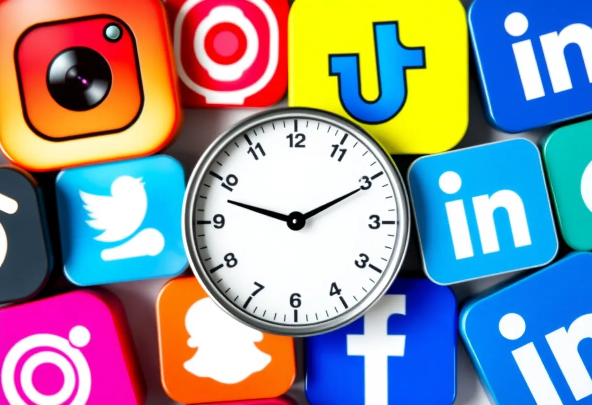 Collage of social media logos with a clock symbolizing posting frequency