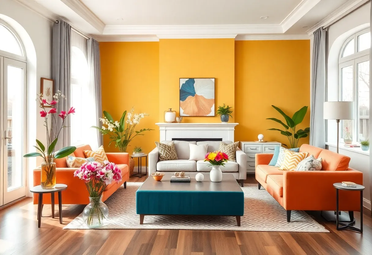 Vibrant home interior refreshed for spring with flowers and decor