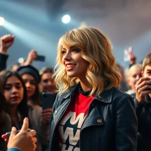 A depiction of Taylor Swift interacting with her fans, symbolizing her marketing strategies.