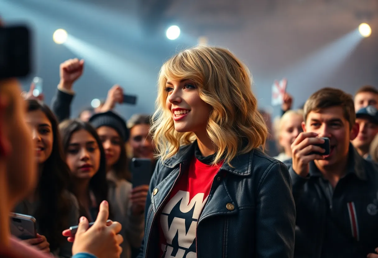 A depiction of Taylor Swift interacting with her fans, symbolizing her marketing strategies.