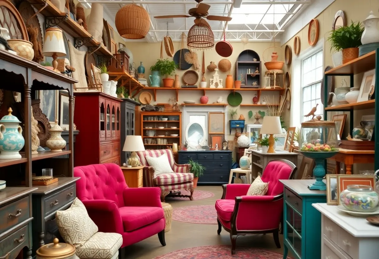 A variety of unique home decor items in a thrift store