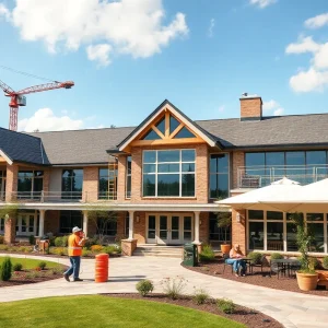 Rendering of Travis Pointe Country Club's renovated clubhouse and outdoor dining area