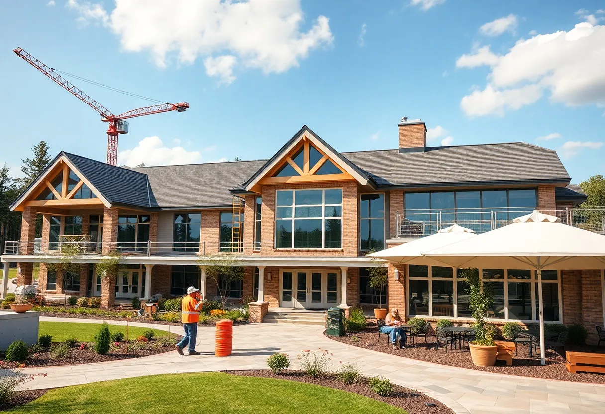 Rendering of Travis Pointe Country Club's renovated clubhouse and outdoor dining area