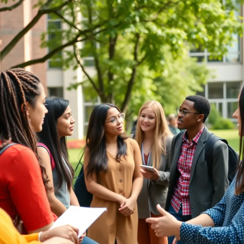 A group of university students discussing diversity issues on campus.