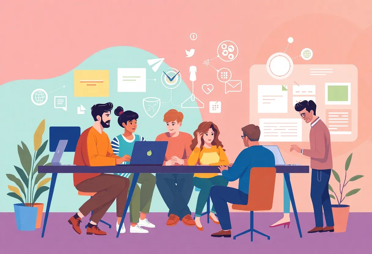 A team of marketers engaging with AI tools to implement vibe marketing strategies