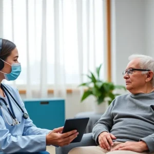 An elderly person participating in a telehealth appointment from home using a tablet