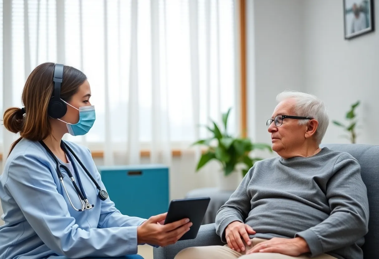 An elderly person participating in a telehealth appointment from home using a tablet