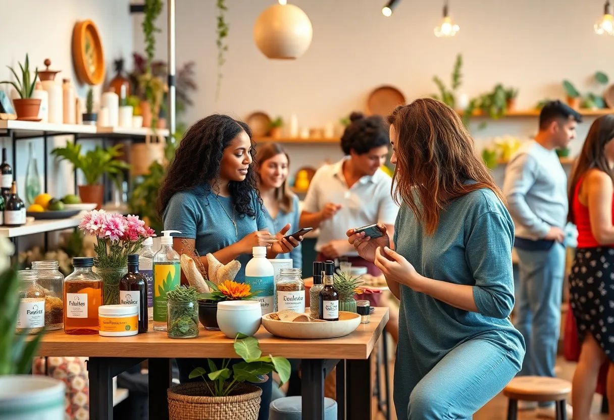 Illustration of various wellness products and services in a thriving marketplace.
