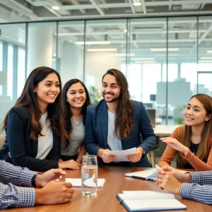 Group of young professionals collaborating in a modern office environment.