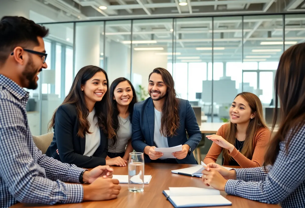 Group of young professionals collaborating in a modern office environment.