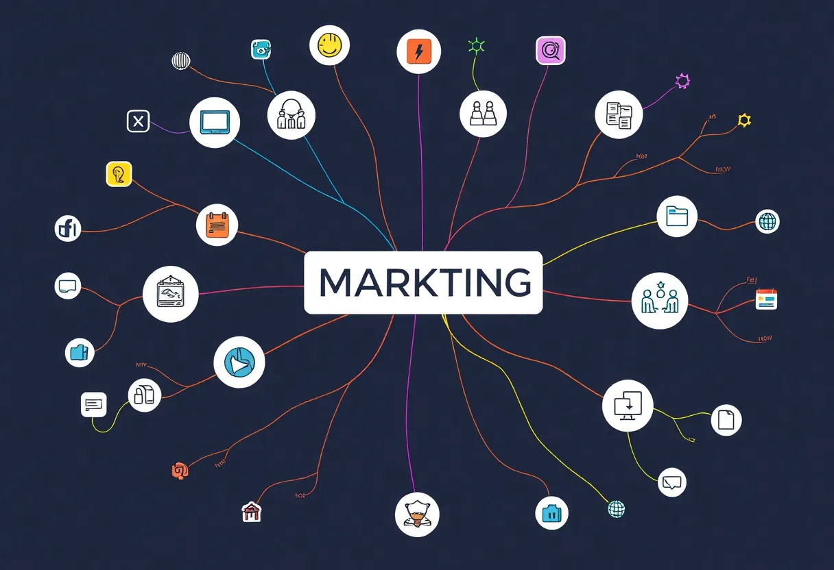 Colorful mind map with digital marketing icons and connections.