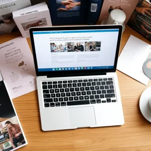 Laptop on a desk surrounded by marketing materials and coffee.