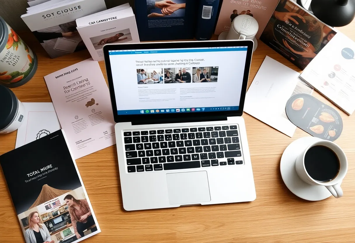 Laptop on a desk surrounded by marketing materials and coffee.