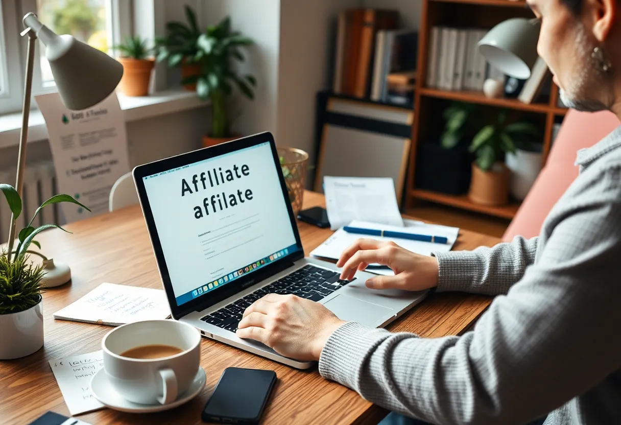 Individual engaged in affiliate marketing from home office