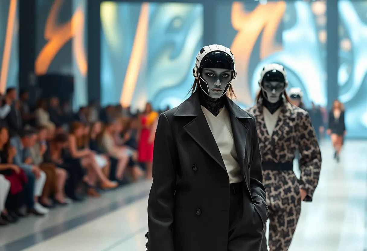 AI-generated models on the runway wearing stylish outfits.