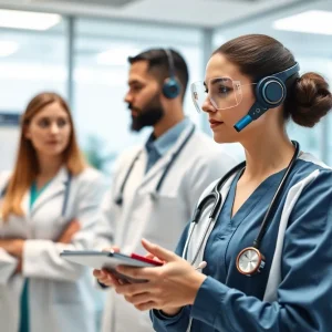 Healthcare professionals using AI technology to streamline operations