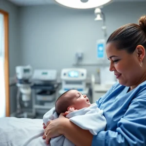 Infant in a hospital incubator with family members by their side.