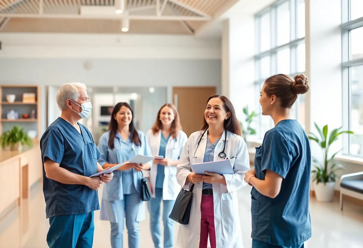 Healthcare professionals assisting patients at a modern facility