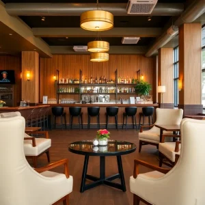 Interior view of Bitter Truth Cocktails and BBQ showcasing a cozy atmosphere with a bar and dining area.