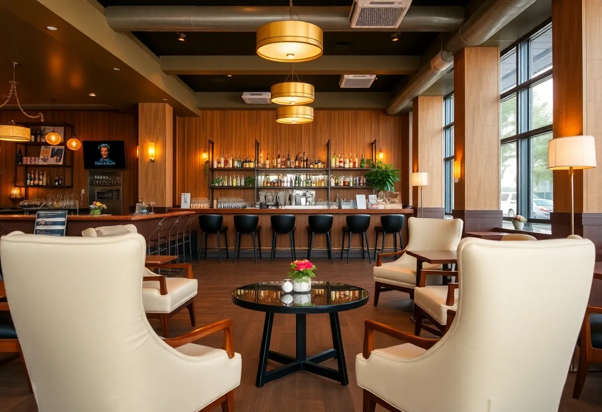 Interior view of Bitter Truth Cocktails and BBQ showcasing a cozy atmosphere with a bar and dining area.