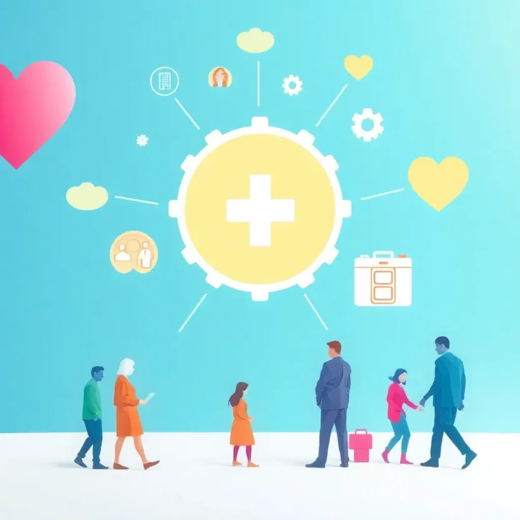 A diverse healthcare team collaborating in a modern health facility setting.