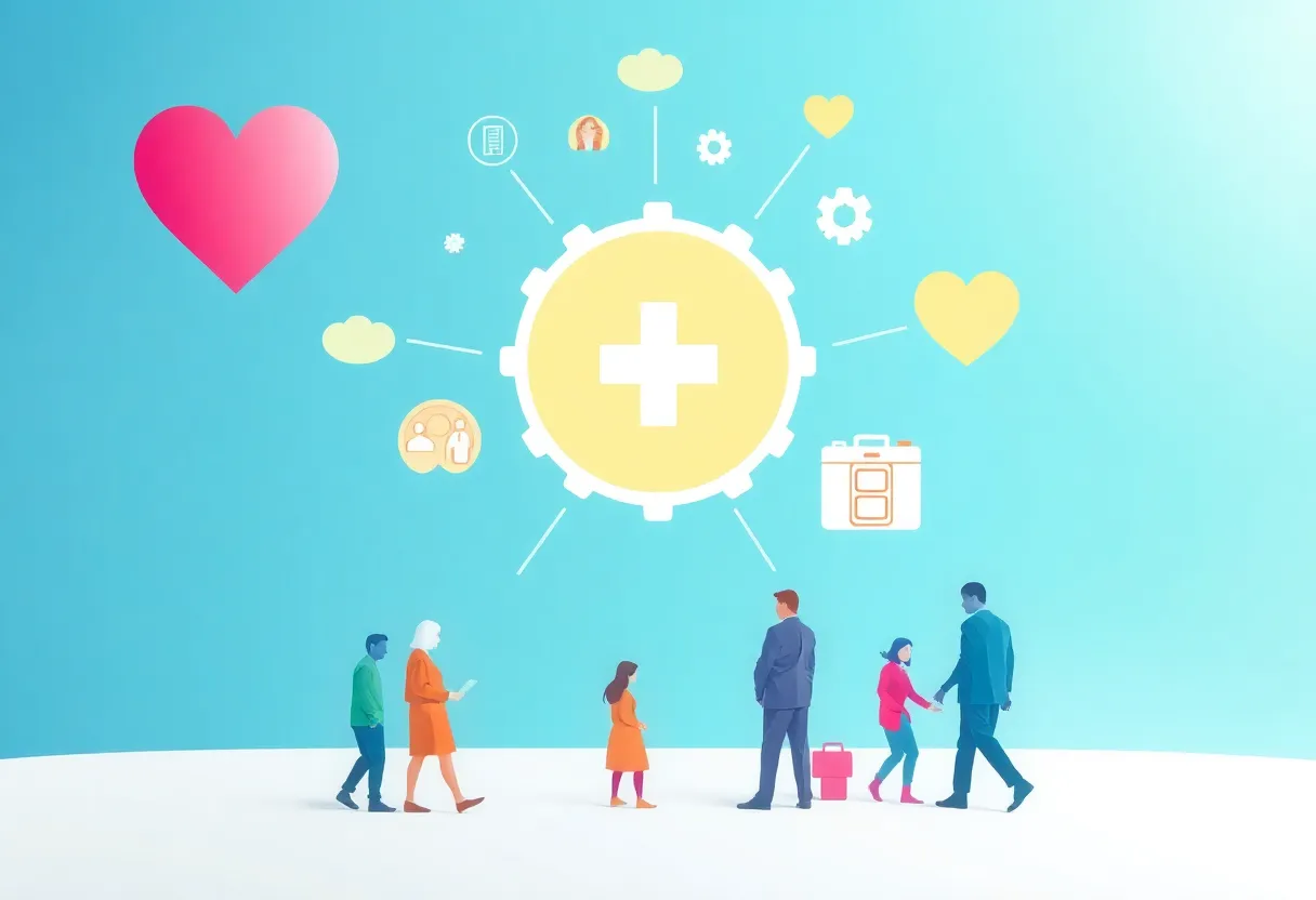 A diverse healthcare team collaborating in a modern health facility setting.